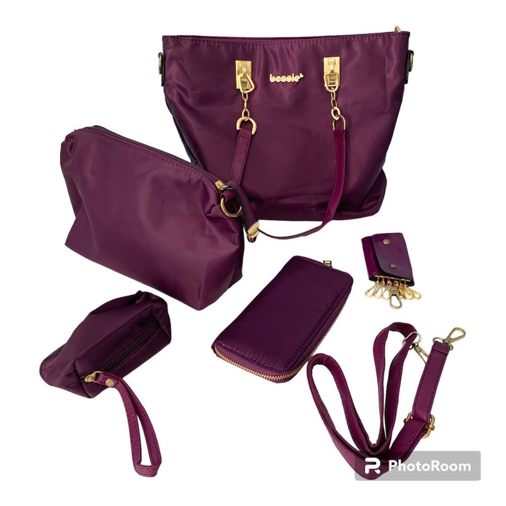 Bessie Purse Set Of 6 Purple Bag Wallet KeyChain Zipper Pouch Wristlet NWOT